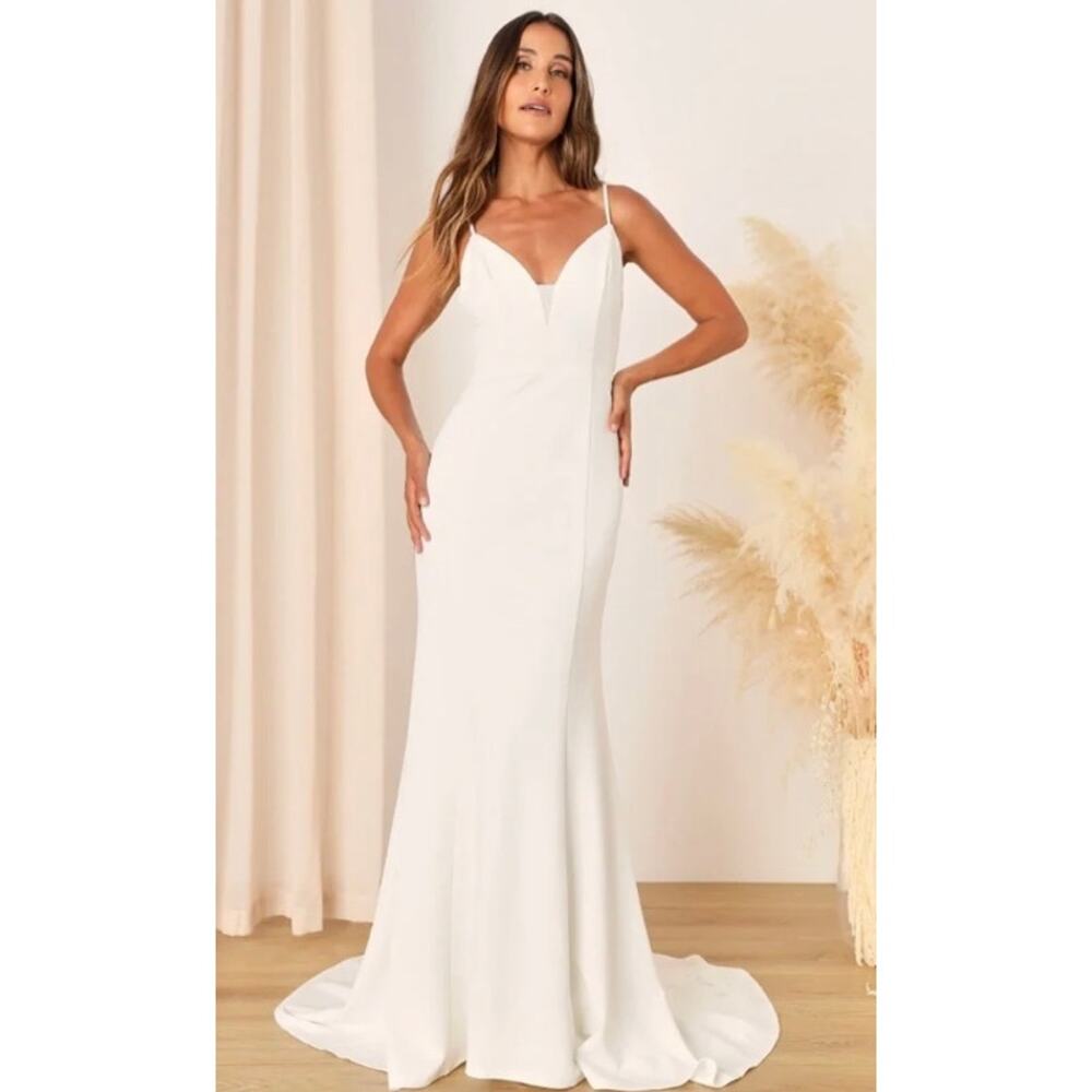 New! Lulus Size S Confident Romance White Plunge Sleeveless Maxi Dress $158#415